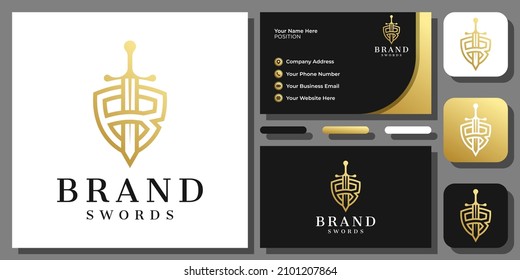 Initial Letter B Sword Shield Kingdom Knight Gold Luxury Logo Design with Business Card Template Immagine vettoriale stock