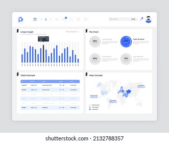 Landing page template with map, pie charts, comparison diagram with colums. Concept of corporate dashboard, financial indicators tracking or monitoring. Modern flat vector illustration for website. Immagine vettoriale stock