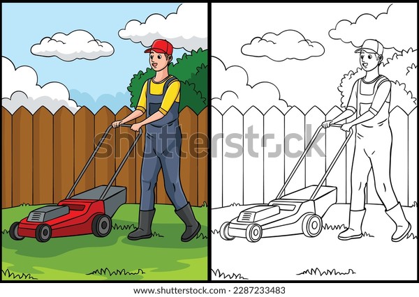 Lawn Mower Coloring Page Colored Illustration Stock Vector (Royalty
