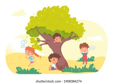 Little kids playing hide and seek in park. Playing game with friends outdoor in summer vacations vector illustration. Boy counting, boys hiding begind tree, girl running to hide. ஸ்டாக் வெக்டர்