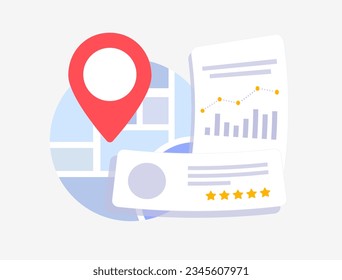 Local SEO Statistics and Trends for small businesses. Local searches analysis and ranking concept illustration. Compare proximity audit. Vector isolated illustration on white background with icons 库存矢量图