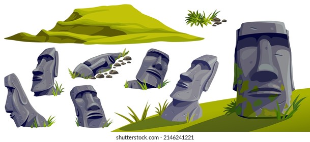 Esculturas de piedra de caricatura vectorial aisladas en la montaña. Establecer antiguas civilizaciones de estatua de atlantis y lemuria. Vector de stock