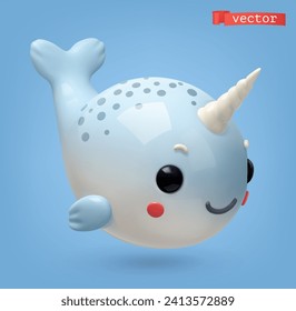 Narwhal, 3d render vector cartoon icon Stock Vector