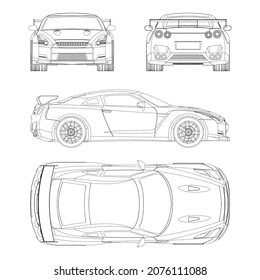 Nissan GTR coupe sport car vector template. Sport car blueprint. Car on white background. Mockup template for branding. Blank vehicle branding mockup., vector de stoc