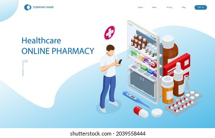 Online pharmacy and medicine with a medical app. Buying medicines online. Mobile service or app for purchasing medicines in online pharmacy drugstore. Adlı Stok Vektör