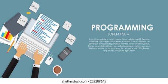 Programming Coding Concept Flat Background Vector Stock Vector (Royalty ...