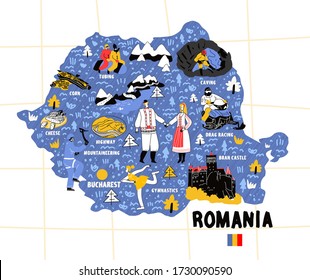 Romania map flat hand drawn vector illustration flag. Names lettering and cartoon landmarks, tourist attractions cliparts. Bucharest travel, trip comic infographic poster, banner concept design.ai Stock Vector