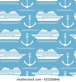 Seamless nautical pattern with ships and anchors Stock Vector