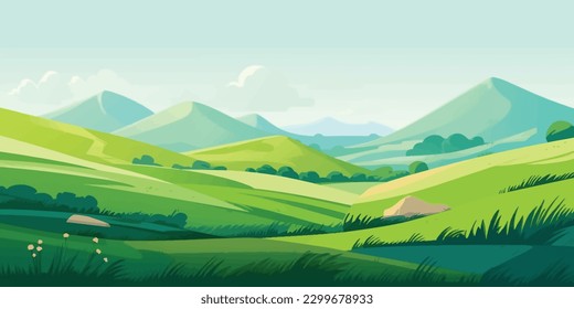 Champs sereins Illustration vectorielle vibrante d'un pré caricatural verdoyant avec ciel bleu et collines ondoyantes : image vectorielle de stock