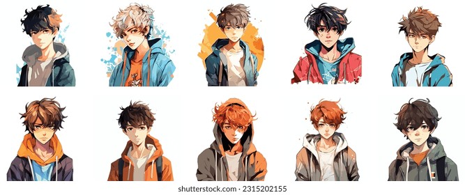 Set of Anime boy portrait art. collection of anime boy digital art. vector illustration. white background  เวกเตอร์สต็อก