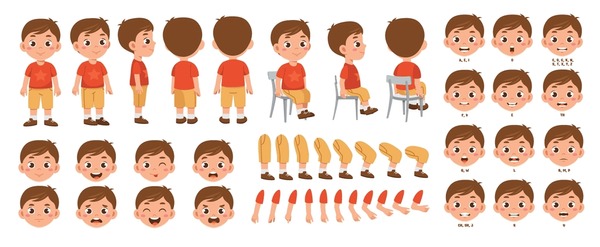 Set of elements for creating boy character animation. Little schoolboy with different emotions, gestures and poses. Arms, legs and other body parts construction. Cartoon flat vector collection Vektor Stok