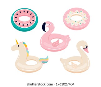 Set of inflatable floats for swimming in the shape of a Flamingo, unicorn, Swan, watermelon, donut. Water and beach colorful rubber toys isolated on a white background. Hand drawn vector illustration Stock Vector
