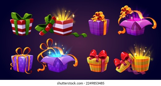 Set of open and closed gift boxes isolated on background. Vector illustration of colorful striped, dotted and checkered surprise packages decorated with ribbon bows with light and sparkles inside Stock Vector