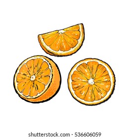 Set of realistic colorful hand drawn half, slice and segment of ripe, juicy orange, sketch vector illustration isolated on white background. Hand drawing of orange cut in half, sliced and segmented Stockvektorkép