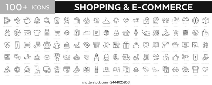 Стоковое векторное изображение: Shopping and E-commerce icons set. 100+ web icons. Business, mobile shop, digital marketing, bank card, gifts, sale, delivery. Vector illustration