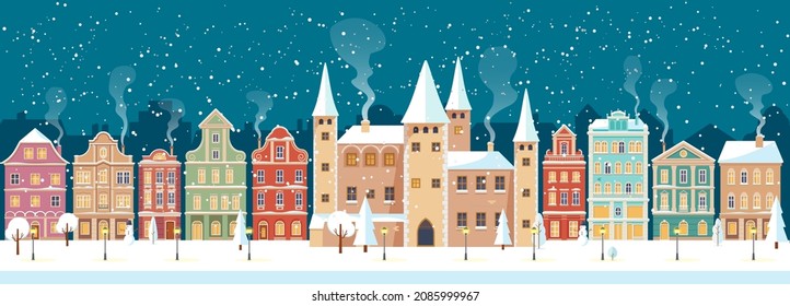 Snowy Christmas night in cozy town city panorama with castle. Winter village landscape, flat style, vector illustration : image vectorielle de stock