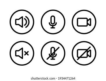 Speaker, Mic and Video Camera line icon set. Simple outline style for Video Conference, Webinar and Video chat. Microphone, audio, sound, mute, off concept. Vector illustration isolated. EPS 10. Stockvektor