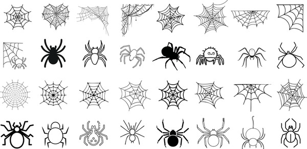 Spider, Web Vector Illustration Collection Various Styles and Shapes. Spiders, webs are Perfect for Halloween, Web Design, Features Arachnids, Arthropods, Creepy Crawly Insects, Spiderwebs, Cobwebs Stock Vector