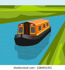 Three-Quarter Top Front Side Oblique View Canal Boat on Calm Blue River Water Vector Illustration for Artwork of Transportation or Recreation of United Kingdom or Europe Related Design Stock Vector