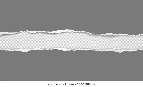 Torn, ripped pieces of horizontal dark grey paper with soft shadow are on white squared background for text. Vector illustration Stock Vector