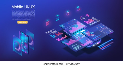 Trending platform for online statistics and analysis of financial investments. Financial market statistics on holographic digital screens of mobile devices. 3D Isometric vector illustration เวกเตอร์สต็อก