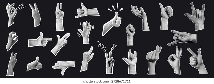 Trendy halftone elements set for collage and scrapbook. Cut out from magazine hand emoji gestures collection. Hands signs grunge punk dotted stickers with doodles Modern retro vector illustration Stock Vector