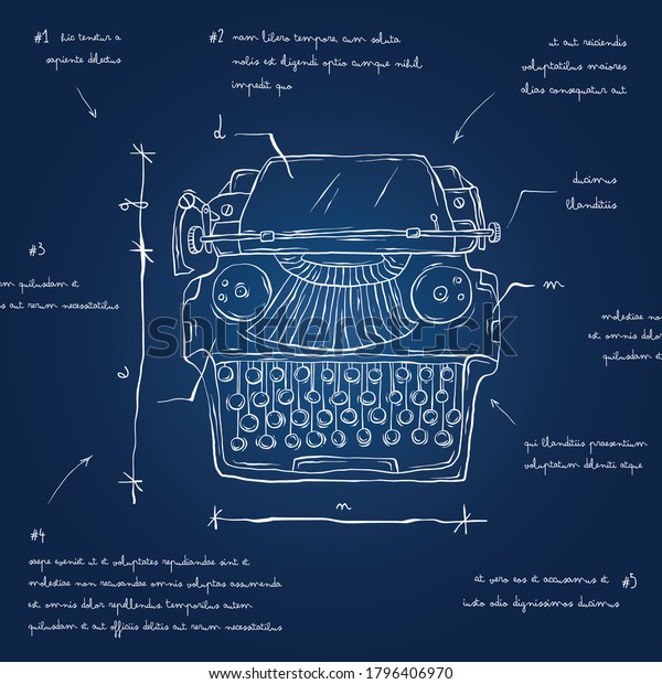 Typewriter Blueprint Hand Drawn Typewriter Sketch Stock Vector (Royalty