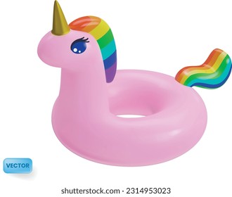 Unicorn floating ring - inflatable pool toy for summer parties. Vector design element from 3d rendeing, isolated on white background. Stock Vector