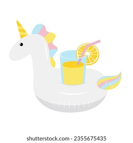 Unicorn inflatable pool float. Vector illustration. Unicorn with glass of juice Stock Vector