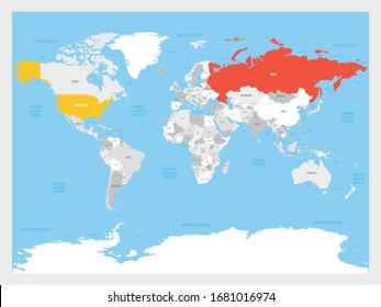 Estados Unidos y Rusia destacaron en el mapa político del mundo. Ilustración vectorial. Vector de stock