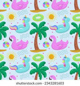 Various items for the beach and recreation. Inflatable swimming circle with blue unicorn, flamingo, palm tree, sun and waves. Seamless vector pattern on summer and marine themes. Stock Vector