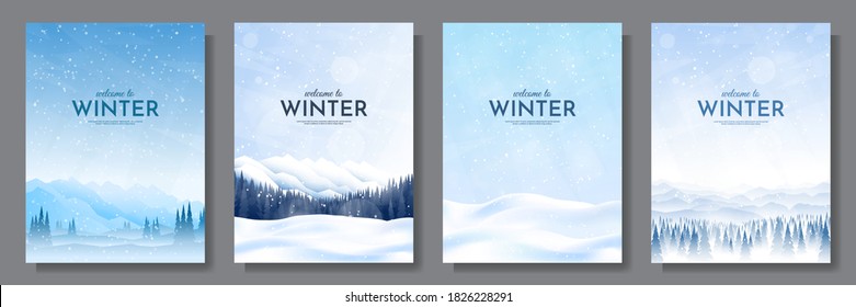 Vektorgrafik. Flache Winterlandschaft. Schneebedeckte Hintergründe. Schneeflocke. Schneefall. Klar blauer Himmel. Blizzard. Schneewetter. Gestaltungselemente für Poster, Buchcover, Broschüre, Magazin, Flyer, Broschüre – Stockvektorgrafik