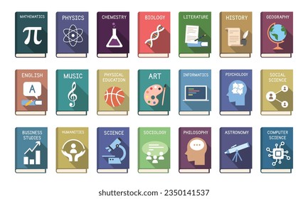 Стоковое векторное изображение: Vector set of school subjects textbooks icons flat style with long shadow. Mathematics, Physics, Chemistry, Biology, Literature, History, Music, Geography books cover vector illustration. Logo design