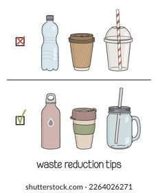 Стоковое векторное изображение: Waste reduction tips. Choice of reusable containers for drinks to go instead of disposable ones. No single-use plastic, Eco-friendly living, Zero waste lifestyle concept