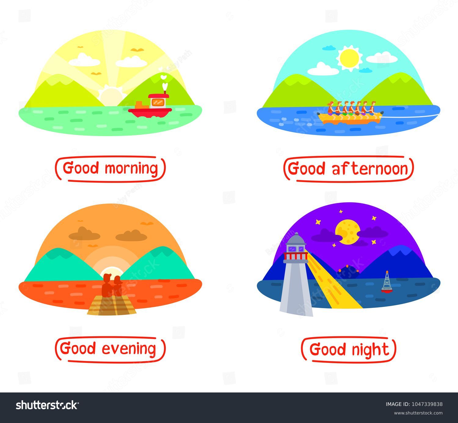 Mountain and Sea landscape in different times of day, Good morning, good afternoon, Good evening, Good night, day and night, Times of day, 4 times for people routine, Four scenes in different times. Immagine vettoriale stock