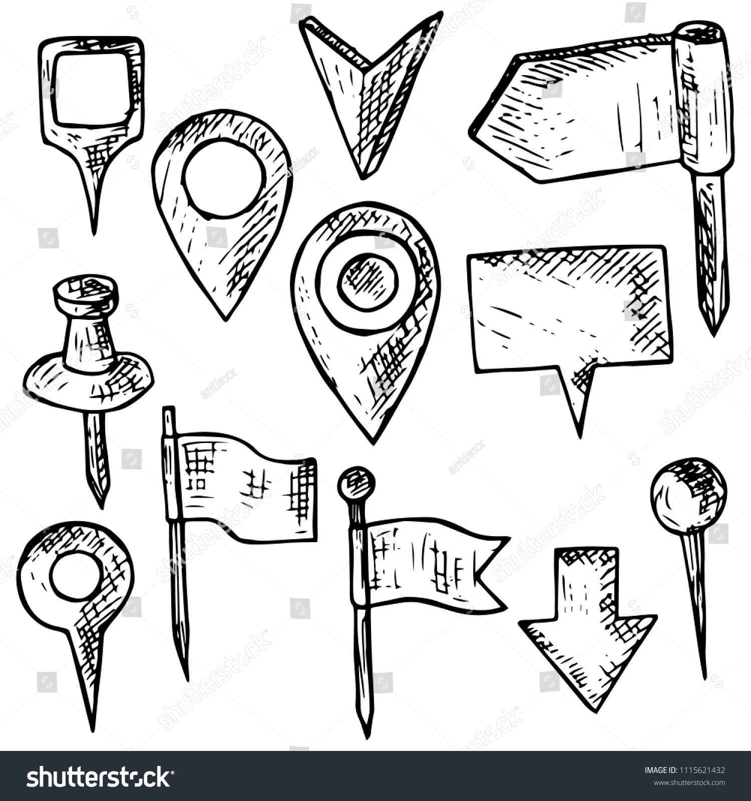 Hand-drawn Set Map Pins Isolated Objects Stock Vector (Royalty Free ...