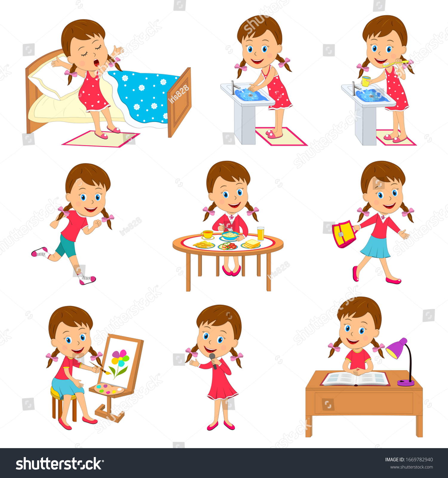 cartoon-little-girl-daily-routine-illustrationvector-vetor-stock
