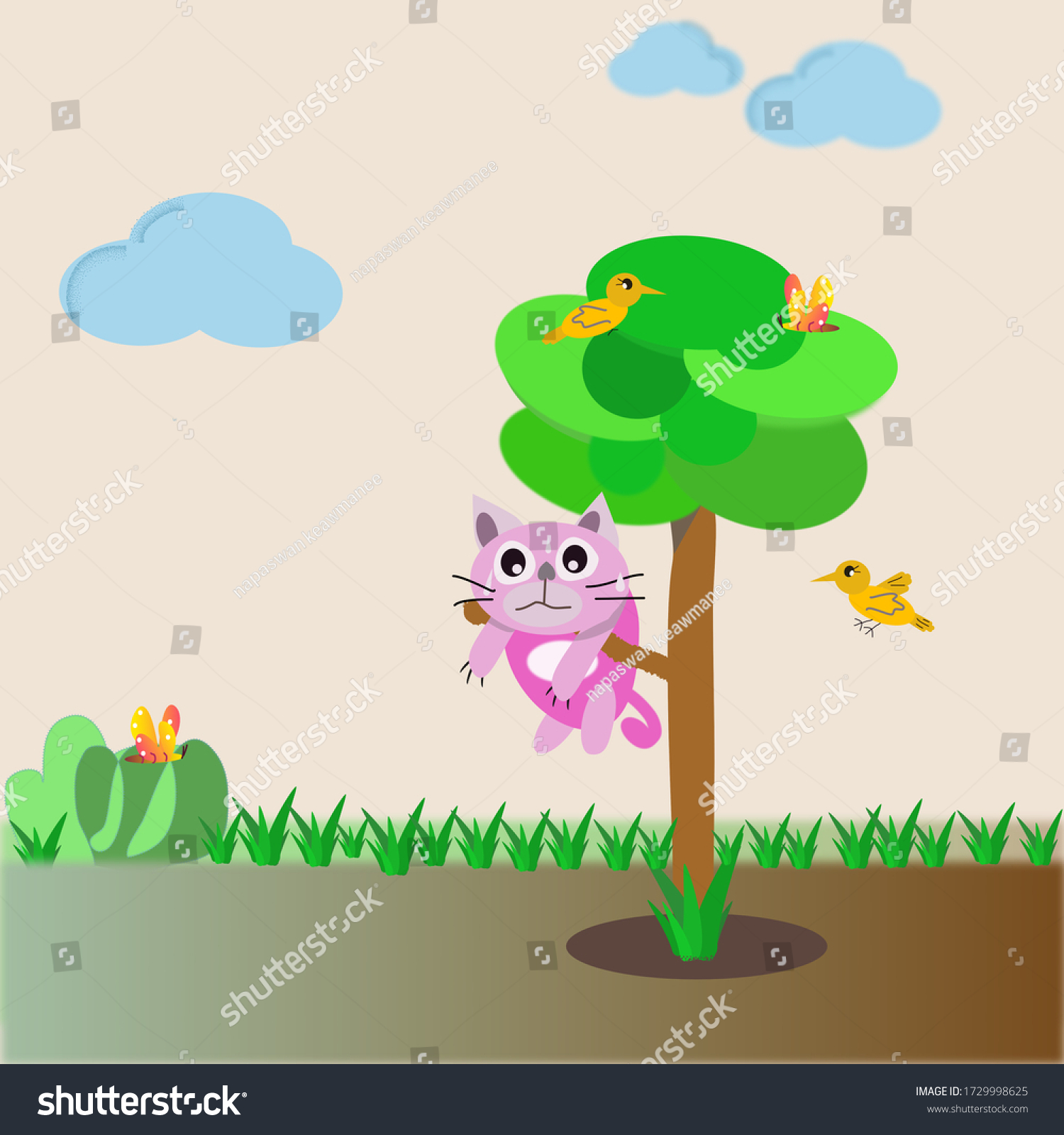 Cute Cat Stuck Tree While Chasing Stock Illustration 1729998625