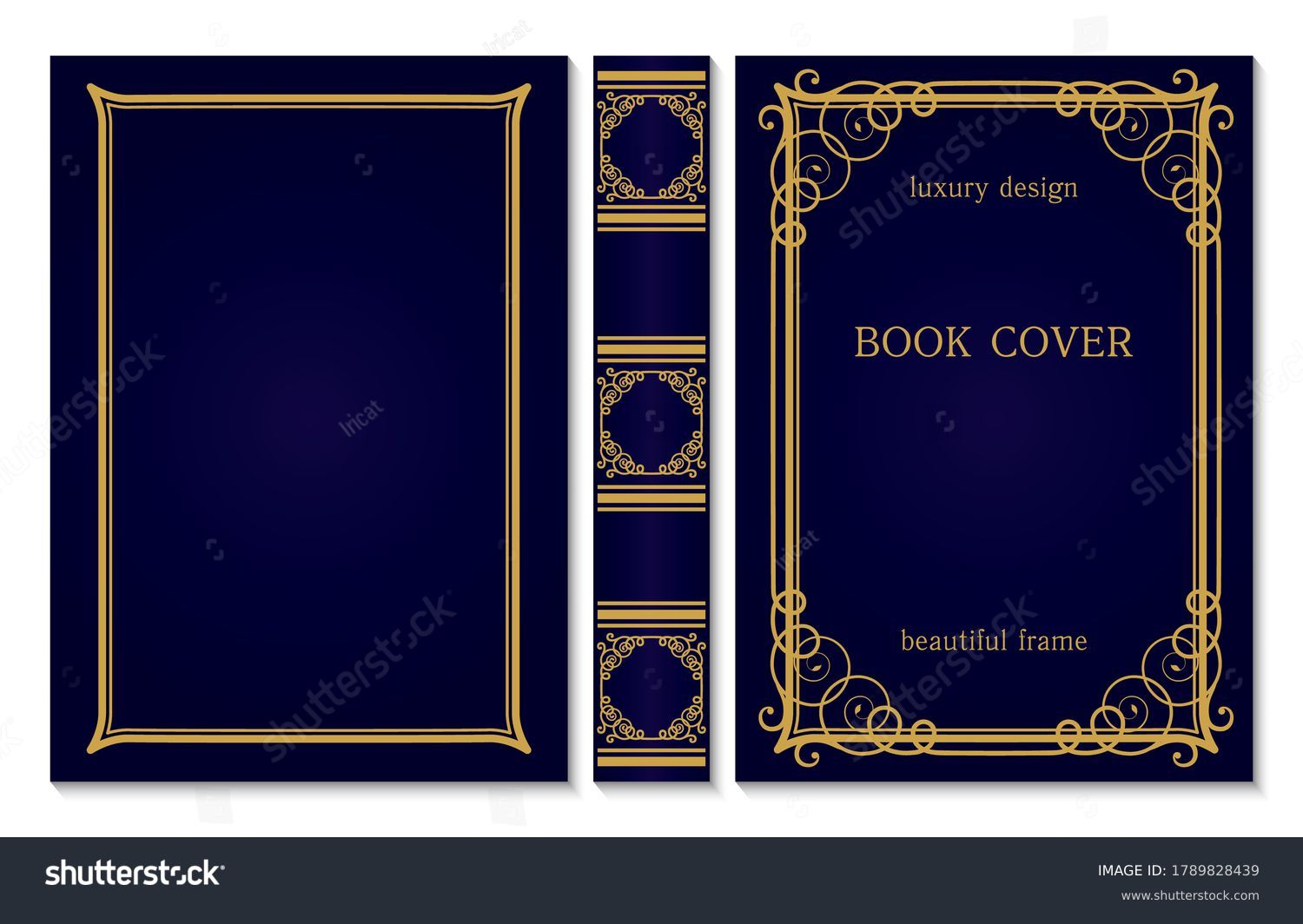 Book cover and spine ornament. Vintage old frames. Royal Golden and dark blue style design. Border to be printed on the covers of books. Vector illustration Stock Vector