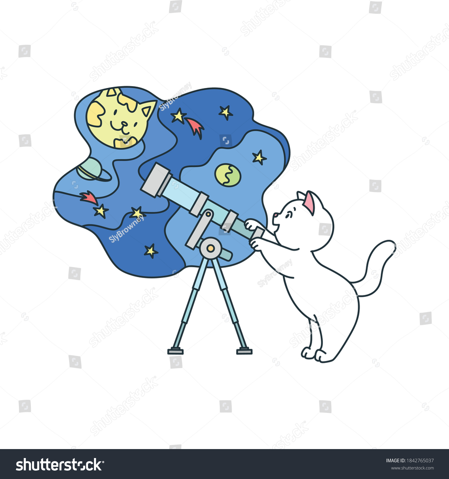 Cat Telescope Illustration Funny Cat Using Stock Vector (Royalty Free