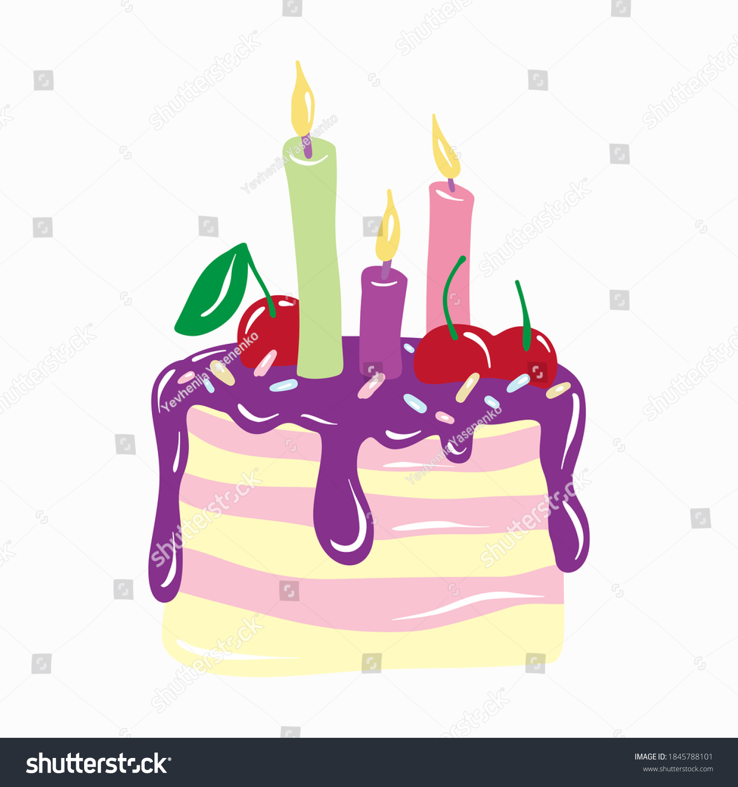 Cake Candles Happy Birthday Handdrawn Illustration Stock Vector