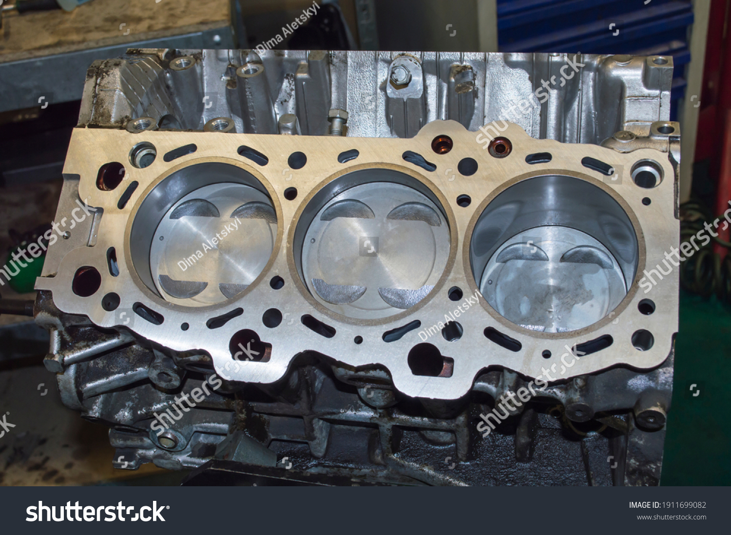 Three New Pistons Installed Cylinder Block Stock Photo 1911699082