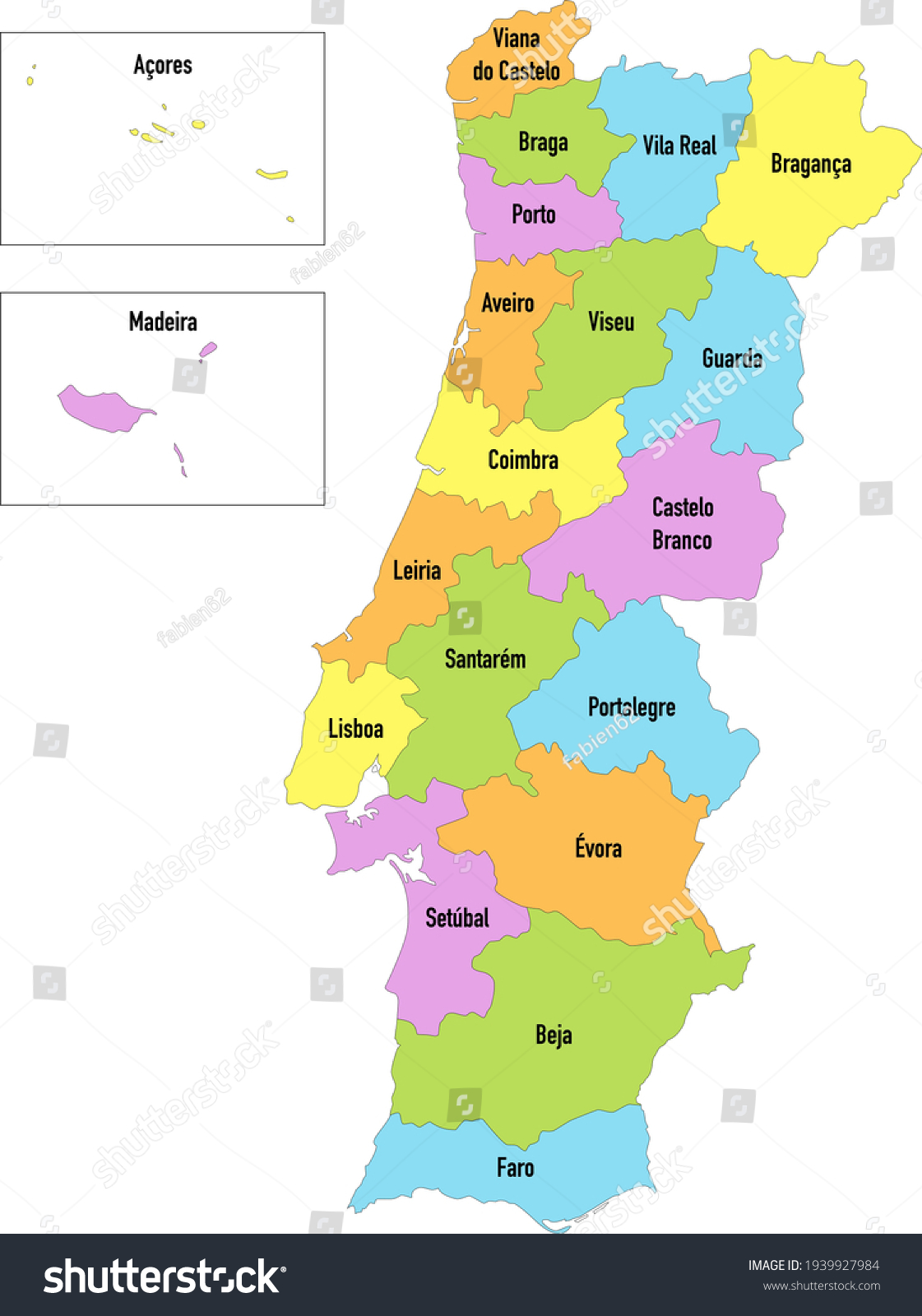 Map Portugal Divided By Districts Madeira 库存矢量图(免版税)1939927984