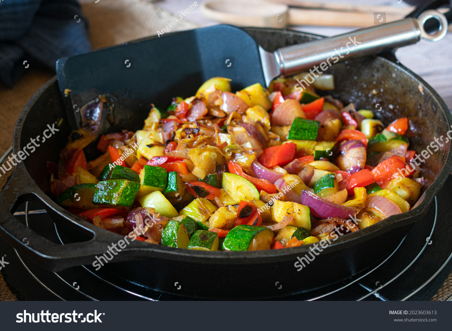 Pan Fried Vegetables Cast Iron Skillet Stock Photo 2023603613