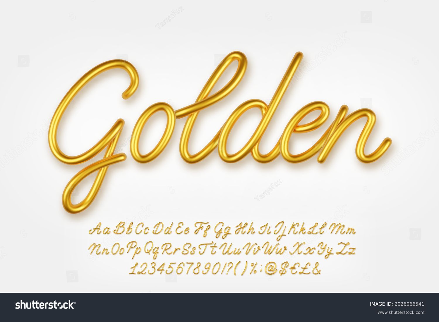 Gold 3d capital realista y letras minúsculas, números, símbolos y signos de moneda aislados en un fondo claro. Ilustración vectorial. Vector de stock