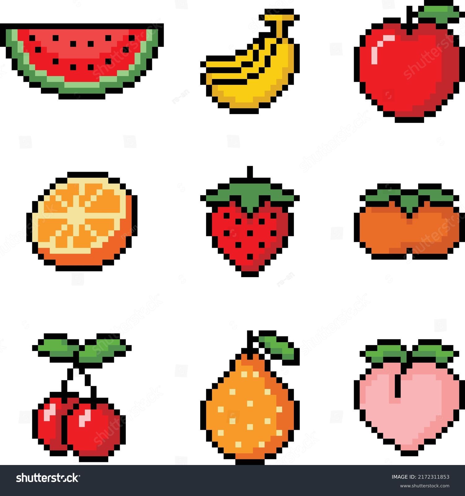 Premium Vector  Pixel fruits cartoon 2d game sprite asset with apple  banana mango citrus pineapple cherry 8bit collection of fruit signs for  game development vector set