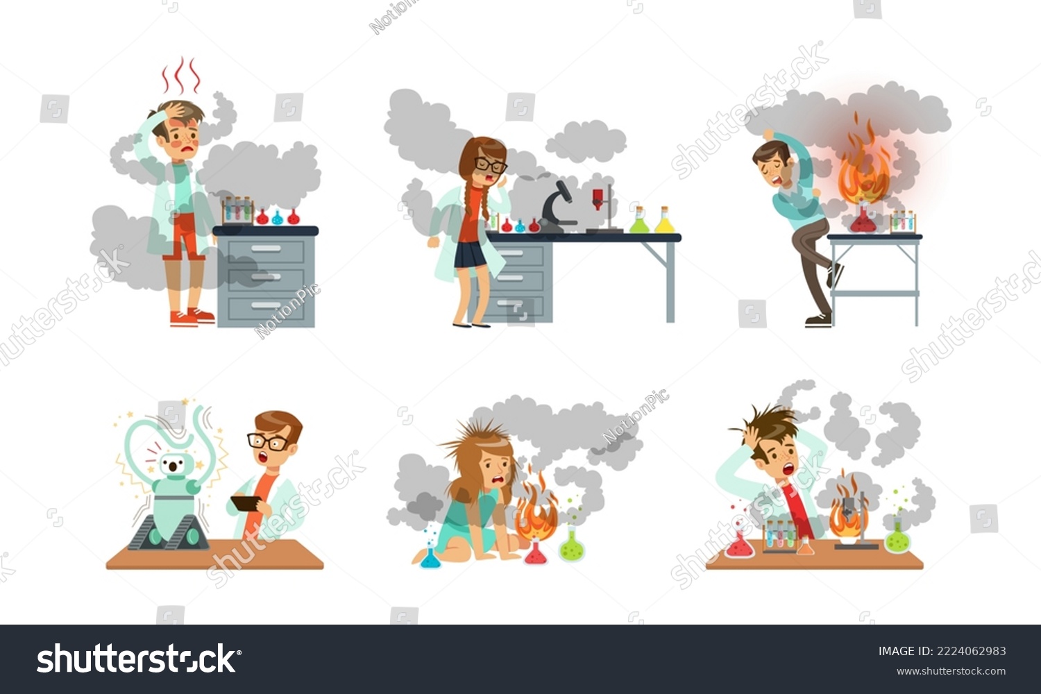 Children Scientist Table Exploded Flask Chemicals Stock Vector (Royalty