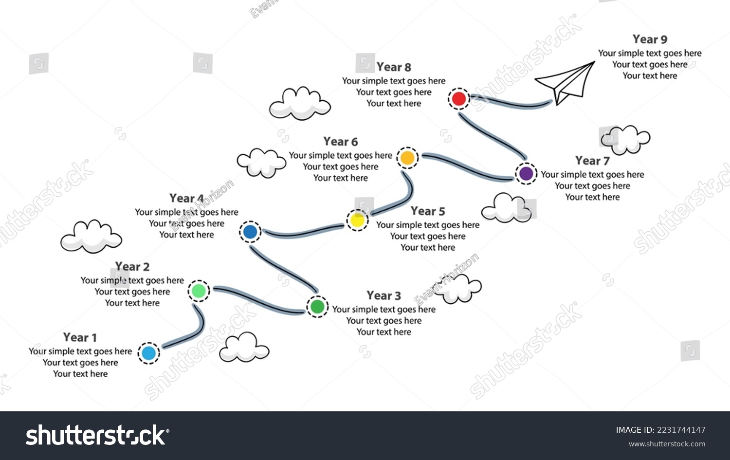 9 Years Timeline Infographic Template Aeroplane Stock Vector (Royalty
