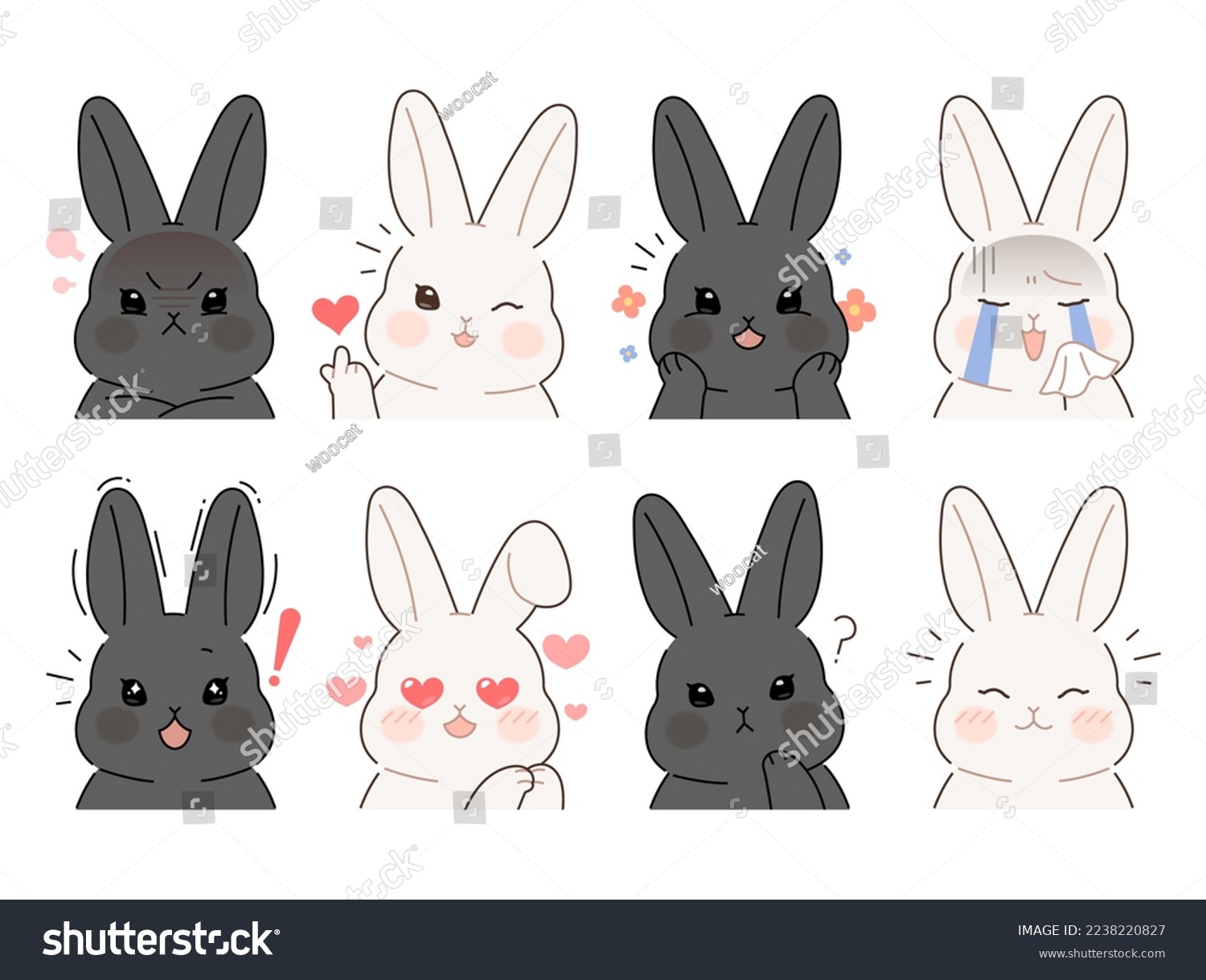 Collection Various Facial Expressions Rabbits Cute Stock Vector