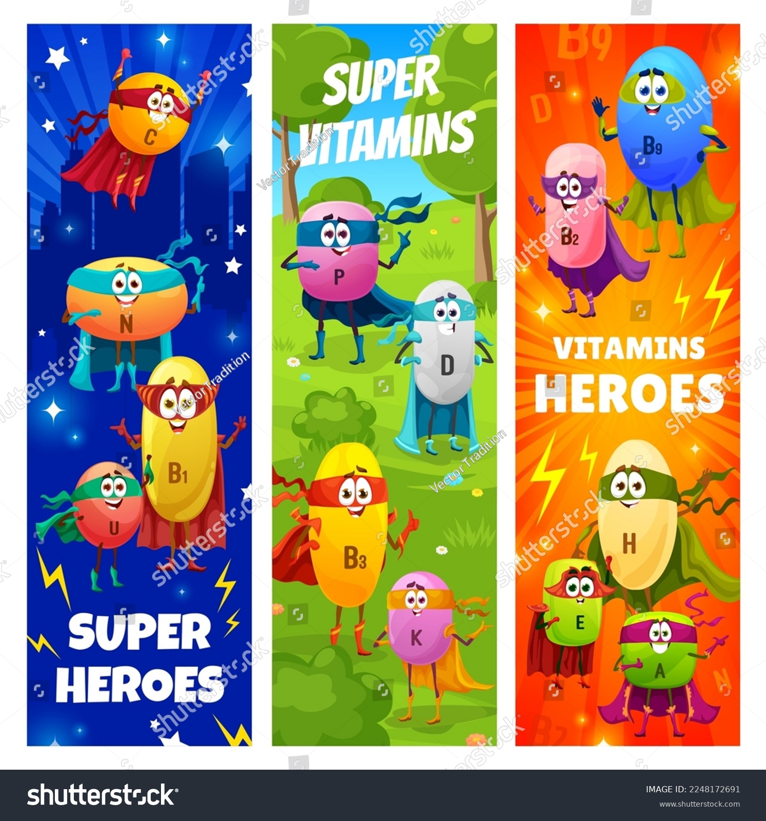 Cartoon Cheerful Superhero Vitamin Characters Vector Stock Vector